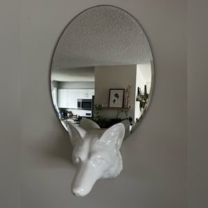 Oval mirror with ceramic fox
